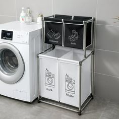 a washer and dryer sitting next to each other in front of a tiled wall