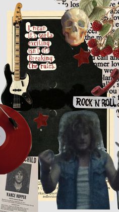 a collage of rock'n'roll memorabilia, including a guitar and other items