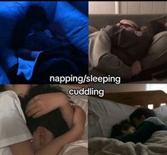 four different pictures with the same person sleeping in bed and then hugging each other on their stomach