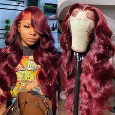 PRICES MAY VARY. 99J Burgundy Lace Front Wigs Human Hair: 13x4 HD transparent lace front wigs human hair wigs pre plucked natural hairline with baby hair. Burgundy wig human hair quality glueless lace frontal wigs True to Length: About burgundy lace front wigs human hair, most senior wig lovers have encountered length problems when purchasing. We have made multiple measurements before shipping our wigs human hair to ensure the true length Body Wave 99j Burgundy Wig Feature:13x4 lace frontal ensu Pelo Color Borgoña, Wig Ideas Black Women, Wine Red Hair, Brazilian Hair Wigs, Hair Color Burgundy, Wig Colors, Human Hair Color, Wig Ideas, Wig Styling