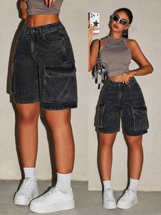 SHEIN ICON Women's Summer Casual Washed Denim Shorts | SHEIN USA Cute Cargo Shorts Outfit, Houston Fashion Outfits, Denim Wear Women, Long Jean Shorts Outfit Black Women, Girlie Tomboy Style, Hot Styles Outfits, Casual Summer Shorts Outfits, Simple Casual Outfits For Women, Cute Outfits For Short Women