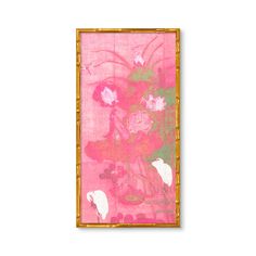 a pink and green painting hanging on a wall