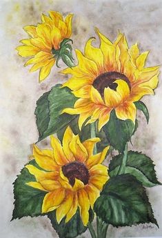 a painting of three sunflowers with green leaves