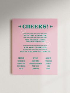 a pink poster with the words cheers on it