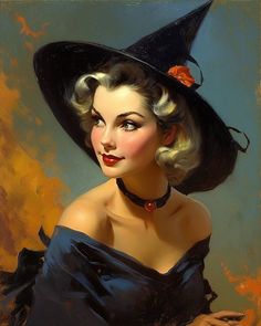 a painting of a woman wearing a witches hat