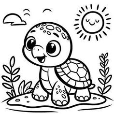 a cartoon turtle sitting on the beach with sun in the sky above it and plants around it