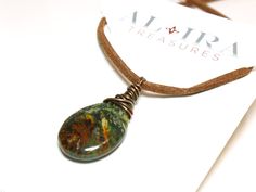 Opal Pendant Necklace Copper wire wrapped brown suede cord natural green brown stone talisman amulet protection gift for her 5723 Opal Pendant Necklace, Suede Cord, Opal Pendants, Natural Opal, Wire Wrap, Green Brown, Brown Suede