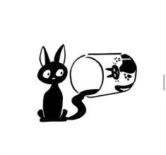 a black and white drawing of a cat looking at a fish in a jar