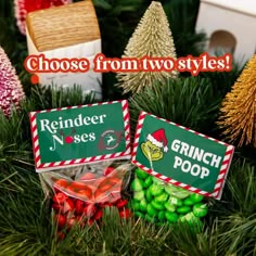 christmas candies and candy are on display in front of the tree, which reads choose from two styles