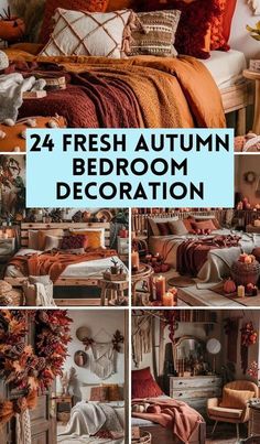 a collage of photos with the words fresh autumn bedroom decoration in different styles and colors