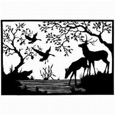 an image of two deers and birds in the woods with water under them on a white background