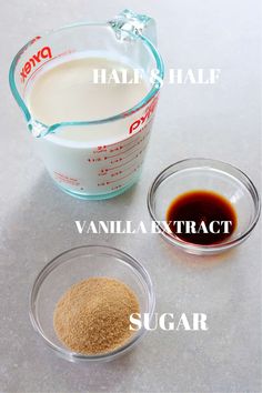 ingredients to make vanilla sugar recipe displayed in bowls on counter top with text overlay