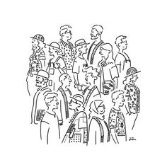 a black and white drawing of people standing together