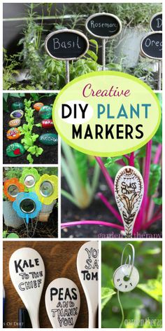 several different pictures with words on them that say creative plant markers and some plants in the background