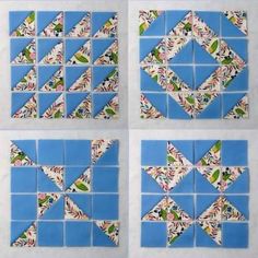 four different pictures of the same pattern as shown in this quilting video lesson on how to make an origami star