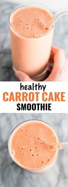 carrot cake smoothie in a glass with the title above it and an image of two glasses