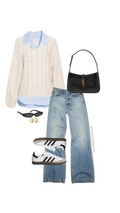 a white sweater, jeans and black purse are arranged in the shape of a woman's outfit