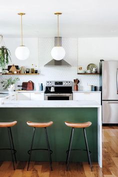 two stools are in front of the kitchen island