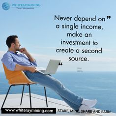 a man sitting in a chair with his laptop on his lap and the quote never spend on a single income, make an investment to create a second source