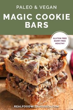 palen and vegan magic cookie bars stacked on top of each other with text overlay