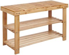 a wooden bench with two shelves on each side and one shelf below it for storage