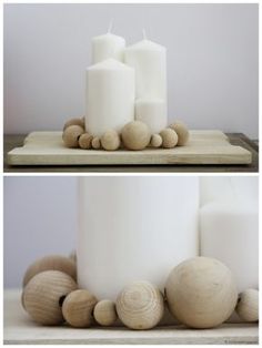 two pictures of candles and shells on a table top, one is white and the other is wood