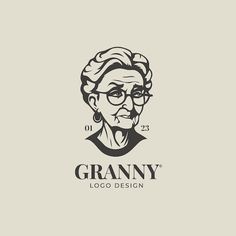 an old woman's face with glasses and the words granny logo design on it