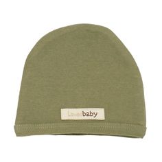 a green baby hat with the word,'little baby'in white on it