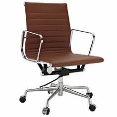 a brown leather office chair with chrome frame and arms, viewed from the front on an isolated white background