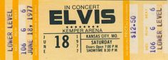 the concert ticket for elvis is shown in yellow and white striped paper with black lettering