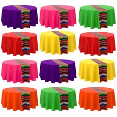 the table cloths are all different colors