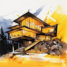 a drawing of a house on top of a mountain