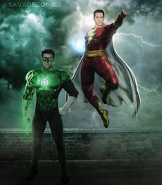 two men dressed as green lantern and the flash are standing in front of a stormy sky