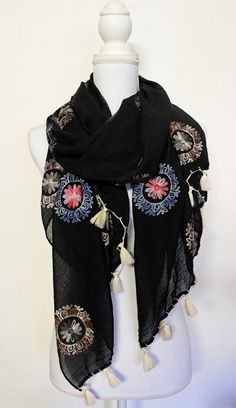 Look stylish this season when you wear our mandala tassel scarf! We offer a funky twist with fun bright colors and fashion-forward prints. This scarf is cotton and viscose. It is soft, comfortable, and best of all, durable! Its large size allows it to be a versatile accessory in your wardrobe. It is also lightweight which makes it perfect for all seasons. Scarf specifications: Length: 72 inches Width: 27 inches Tassel length is approximately 2 inches. Please contact us with any questions or conc Tassel Scarf, Spring Scarves, Red Cups, Peach Orange, Fall Scarves, Lightweight Scarf, Summer Scarves, Floral Scarf, Scarf Styles