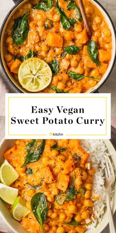 easy vegan sweet potato curry in a bowl with rice and limes on the side