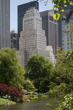 there are many tall buildings in the city with trees and bushes around them, along with a pond