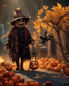 a scarecrow in a pumpkin costume standing next to a pile of jack - o'- lanterns