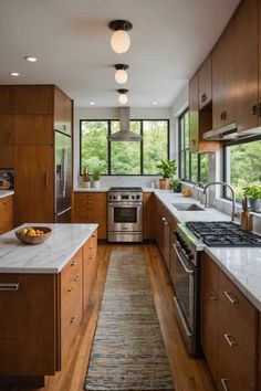 a kitchen with wooden cabinets and stainless steel appliances, along with a rug on the floor