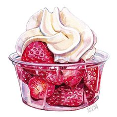 a drawing of strawberries and whipped cream in a bowl