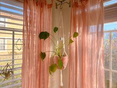 a window with pink curtains and plants hanging from it