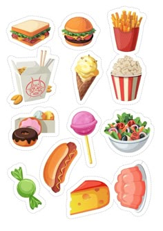 an image of food stickers with different foods on the top and bottom half of them