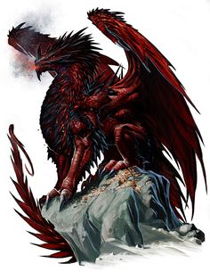 a red and black dragon sitting on top of a rock