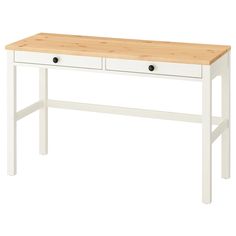 a white and wood desk with two drawers on the top, against a white background