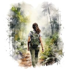 a watercolor painting of a person walking through the jungle with backpacks on their back