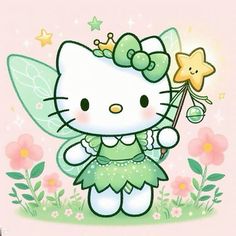 the hello kitty fairy is holding a star on her hand and wearing a green dress