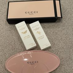 Brand New Mirror With Perfume Samples Black Gucci Sneakers, Gucci Face Gloss, Gucci Pink Perfume, Violet Lipstick, Gucci Makeup, Gucci Nails, Gucci Floral, Sheer Lipstick, Gucci Jacket