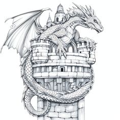 a drawing of a dragon sitting on top of a castle