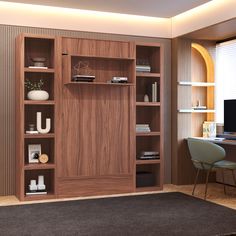 a wooden bookcase in the corner of a living room next to a desk and chair