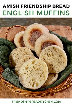 english muffins in a wicker basket with text overlay