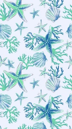 watercolor drawing of seaweed and starfish on white paper with green inking